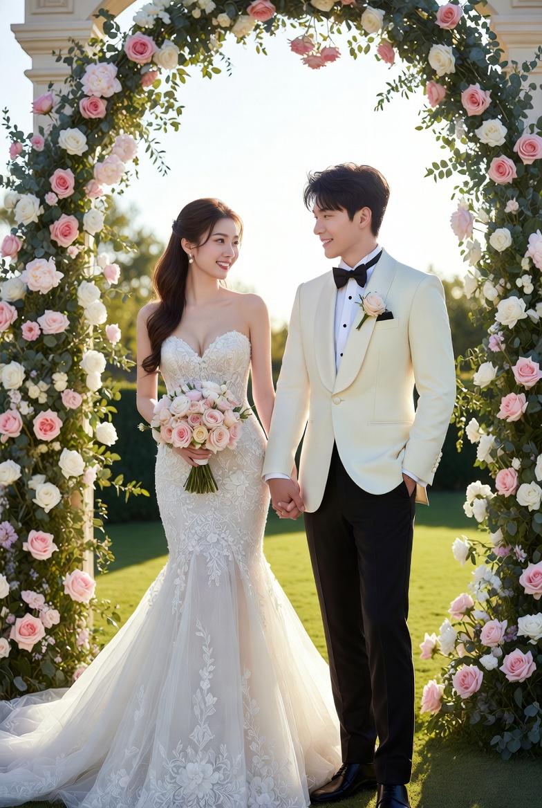 一對甜蜜幸福的亞洲新人婚禮合照...